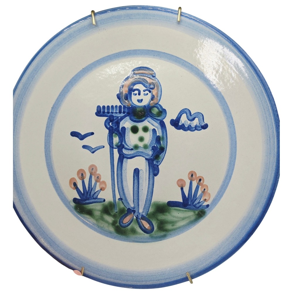 MA Hadley Pottery Hand Painted 10.5" Plate Farmer Gardener Rake Folk Art Blue